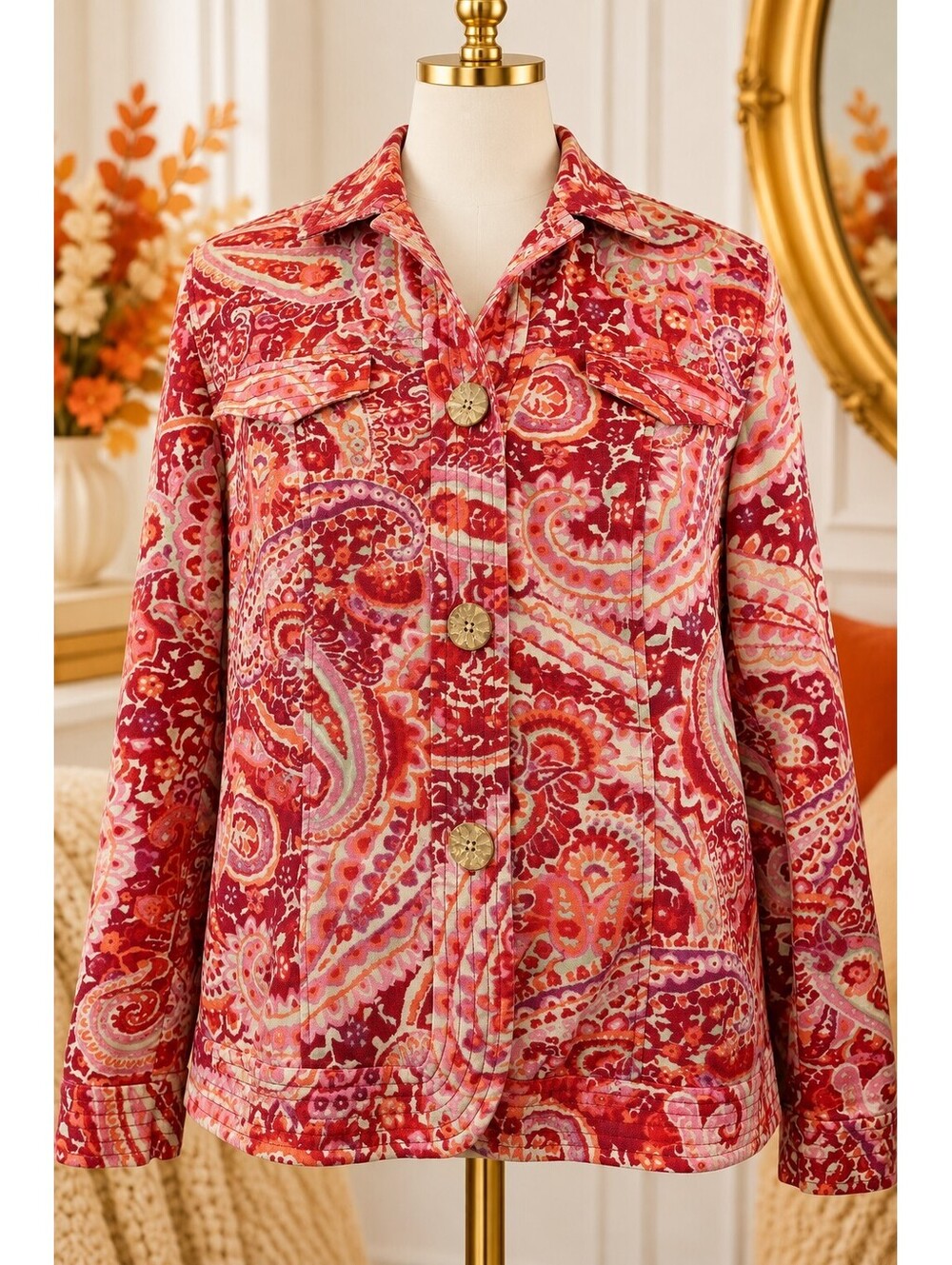 Coldwater Creek Paisley Jacket Women W20 100% Cotton Floral Button Front Boho